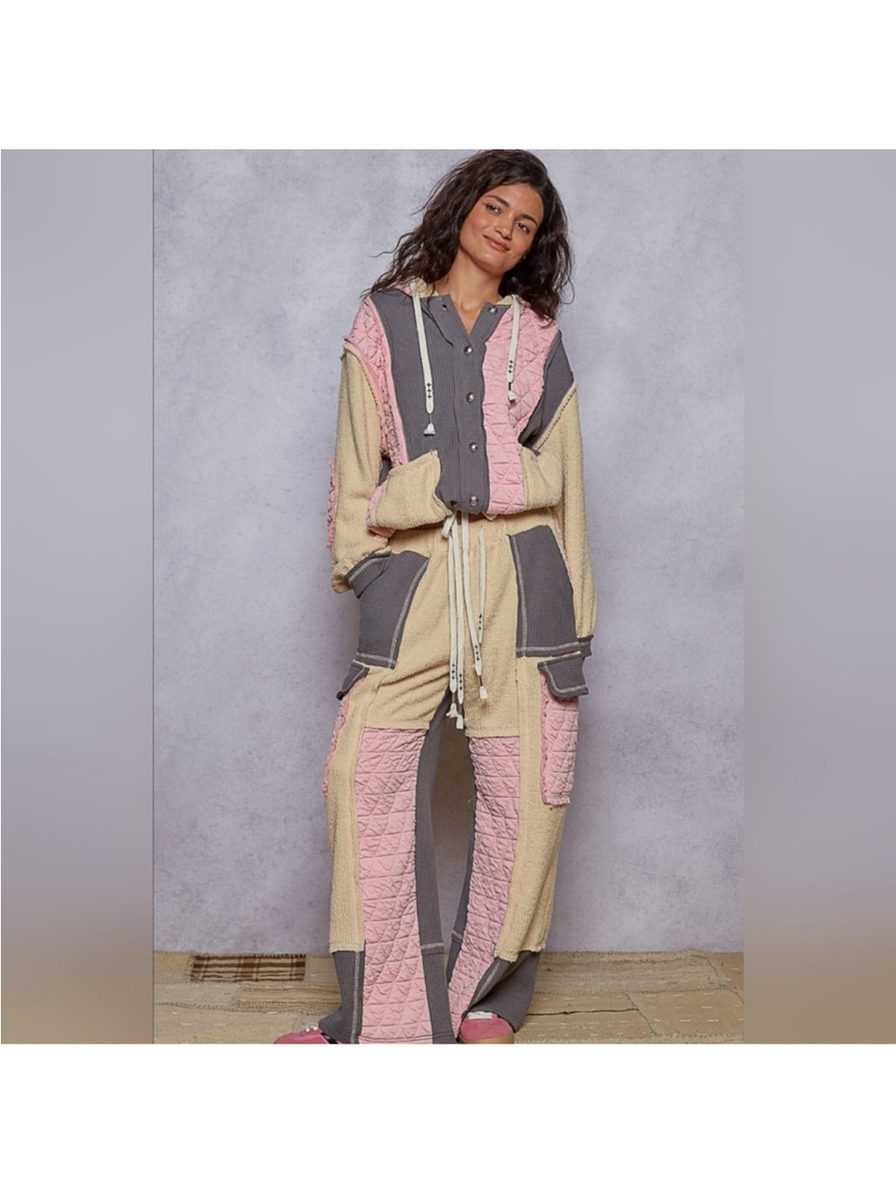 POL Quilted Patchwork Hooded Jogger Set in Pink, Cream & Gray